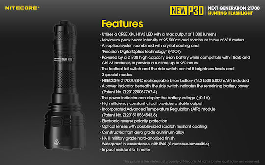NiteCore LED IP68 с Максимална Яркост 1000лм P30 Черен