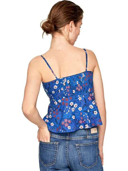 Pepe Jeans Mariah Damen Sommer Bluse Baumwolle mit Trägern Blumen Blau