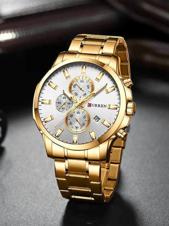 Curren Ανδρικό Ρολόι 52mm Μπαταρίας με Χρυσό Μεταλλικό Μπρασελέ
