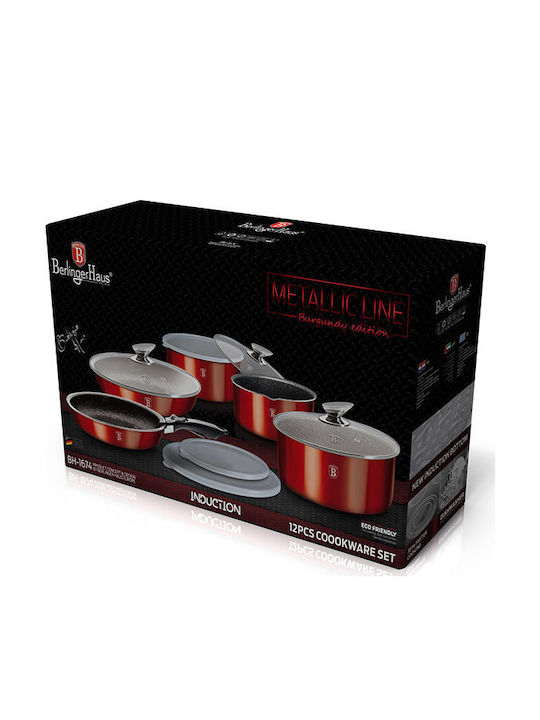 Berlinger Haus Metallic Line Cookware Set of Aluminum with Stone Coating Burgundy Collection 12pcs