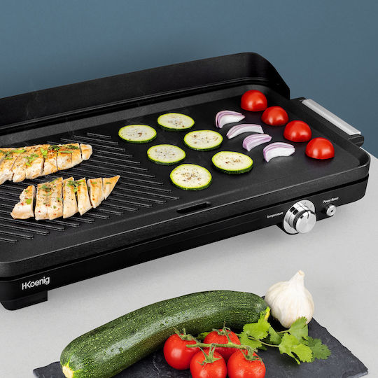 HKoenig Tabletop Electric Grill Smooth and Ribbed Plate 1800W with Adjustable Thermostat 50cmx25cmcm