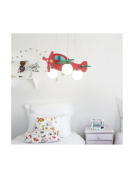 Ideal Lux Kids Wooden Chandelier Ceiling Light E14 Airplane Red 40W 51x23cm