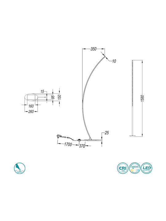 Trio Lighting Led Solo LED Floor Lamp H158xW35cm. with Warm White Light 1100lm White