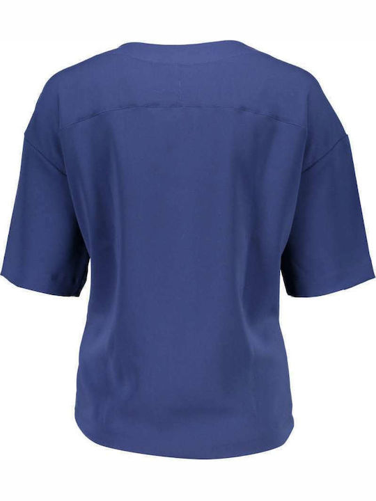 Gant Women's Cotton Blouse Short Sleeve with V Neck Blue