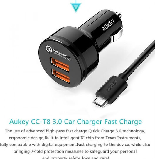 Aukey CC-T8 Car Charger 36W 3A Fast Charging with 2 USB Ports Micro-USB Cable Black Color