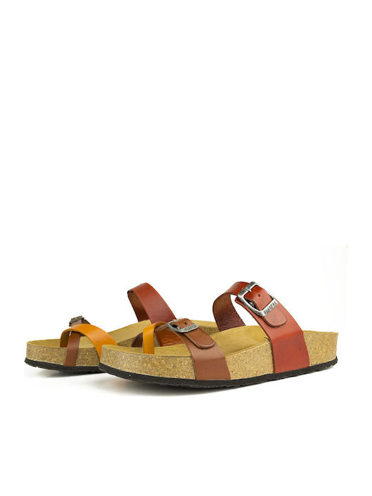 Plakton Leather Women's Flat Sandals In Tabac Brown Colour
