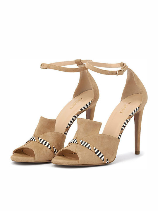 Migato Suede Women's Sandals Beige with Thin High Heel