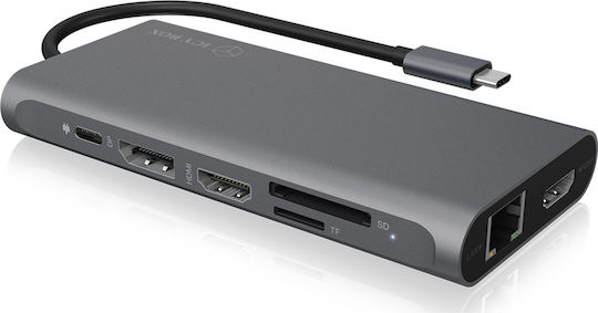 Icy Box USB-C Docking Station with HDMI/DisplayPort 4K PD Ethernet and Support for 3 Monitors Gray (IB-DK4050-CPD)