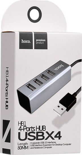 Hoco HB1 Hub USB 4 Porturi USB 2.0 cu Conectare USB-A Argintiu