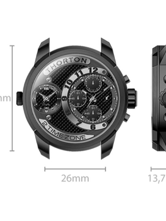 Thorton Ανδρικό Ρολόι 53mm Χρονογράφος Μπαταρίας με Μαύρο Δερμάτινο Λουράκι