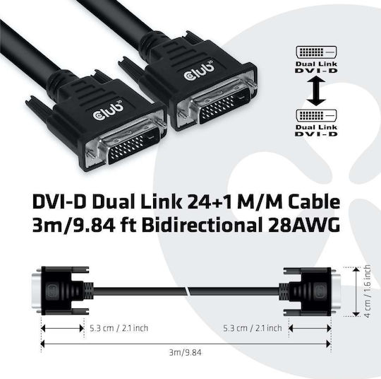 Club3D Кабел DVI-D мъжки - DVI-D мъжки 3м Черен (CAC-1223)