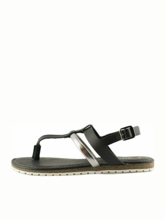 Marco Tozzi Leather Women's Flat Sandals with Strap in Black Color