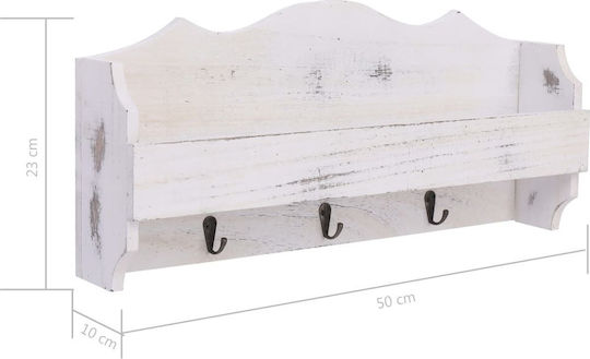 vidaXL Antique Wooden Wall Hanger 3 Hooks White 50x10x23cm
