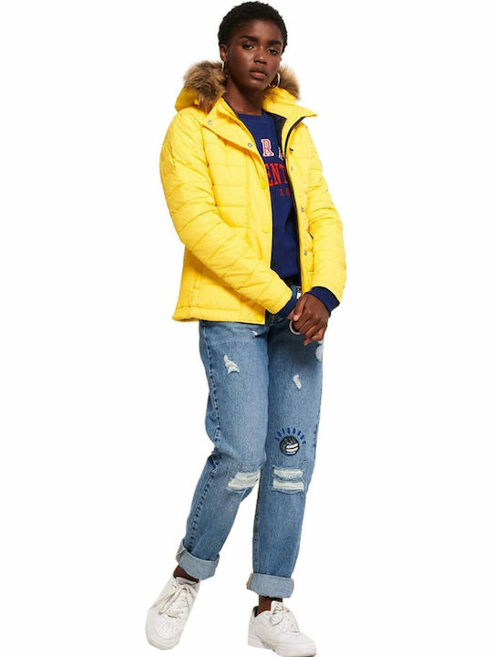 Superdry Double Women's Short Puffer Jacket for Winter with Hood Yellow