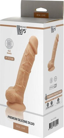 Dream Toys Real Love Premium Silicone Dildo with Balls Thermo Active Glass Dildo with Balls and Suction Cup Flesh 18cm