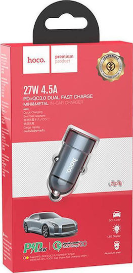 Hoco Z32B Geschwindigkeitssteigerung Handy-Autoladegerät 27W 4.5A Schnellladen mit Anschlüssen 1xUSB 1xType-C Gray Farbe
