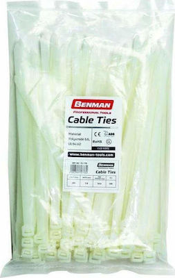 Benman Pack of 100pcs White Plastic Cable Ties 250x7.6mm 70950