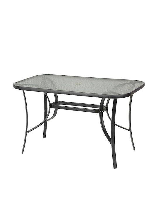 Outdoor Dinner Free Standing Table with Glass Surface and Metal Frame Grey 150x90x72cm