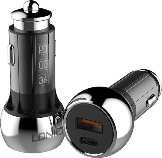 Ldnio C1 PD Dual USB 36W and Lightning Car Charger 36W Fast Charging with 2 USB Ports along with Lightning Cable Grey Colour
