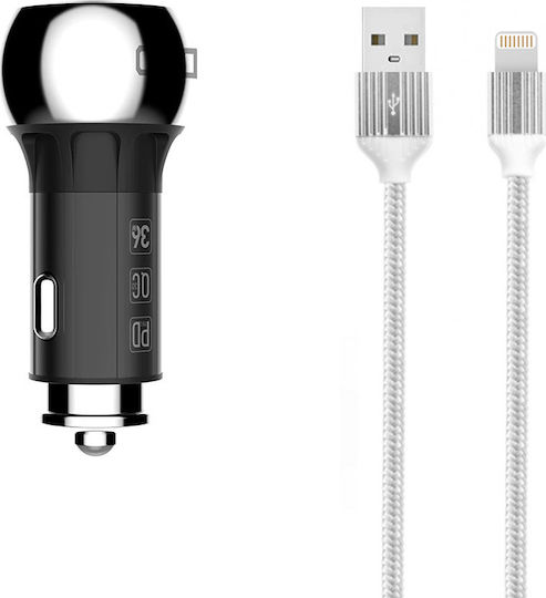 Ldnio C1 PD Dual USB 36W and Lightning Car Charger 36W Fast Charging with 2 USB Ports along with Lightning Cable Grey Colour