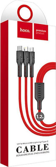 Hoco U31 Benay Плетена USB към Lightning / Type-C / micro USB Кабел Червен 1.2м