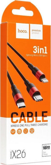 Hoco X26 Xpress USB to Lightning / Type-C / micro USB Cable Κόκκινο 1m (HOC-X26s3-BR)