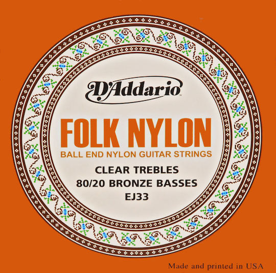 Daddario Folk Nylon Set Of 80/20 Bronze Classical Guitar Strings 28 - 45 Ball End