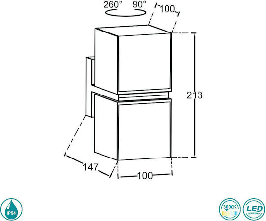 Lutec Cuba Επιτοίχια Εξωτερική Πλαφονιέρα LED IP54 23W με Θερμό Λευκό Φως Διπλής Δέσμης 21.3x14.7x10εκ.