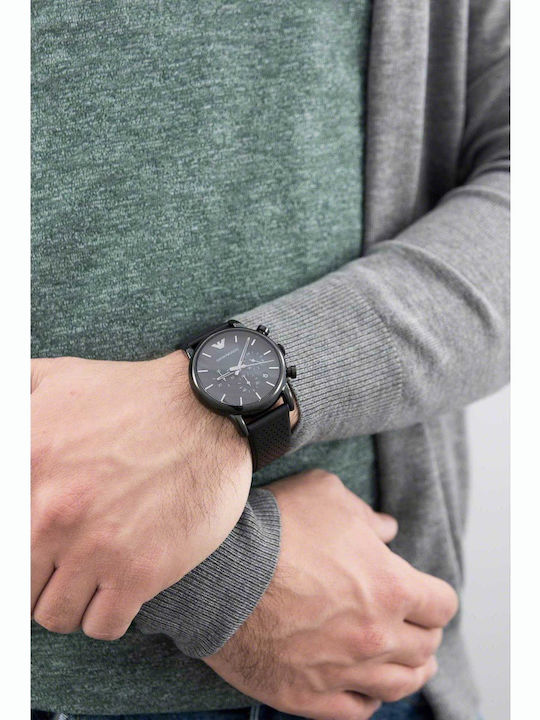 Emporio Armani Ανδρικό Ρολόι 41mm Χρονογράφος Μπαταρίας με Μαύρο Δερμάτινο Λουράκι