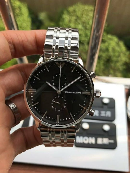 Emporio Armani Classic Ανδρικό Ρολόι 43mm Χρονογράφος Μπαταρίας με Ασημί Μεταλλικό Μπρασελέ