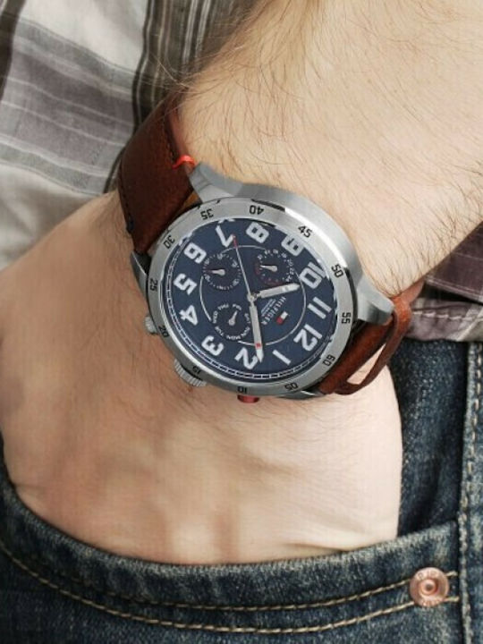 Tommy Hilfiger Trent Ανδρικό Ρολόι 46mm Χρονογράφος Μπαταρίας με Καφέ Δερμάτινο Λουράκι