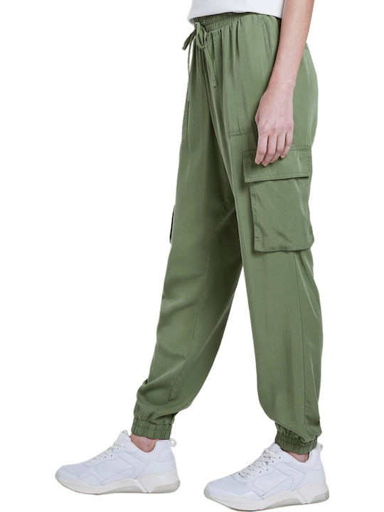 Women's High-waisted Fabric Cargo Trousers Khaki