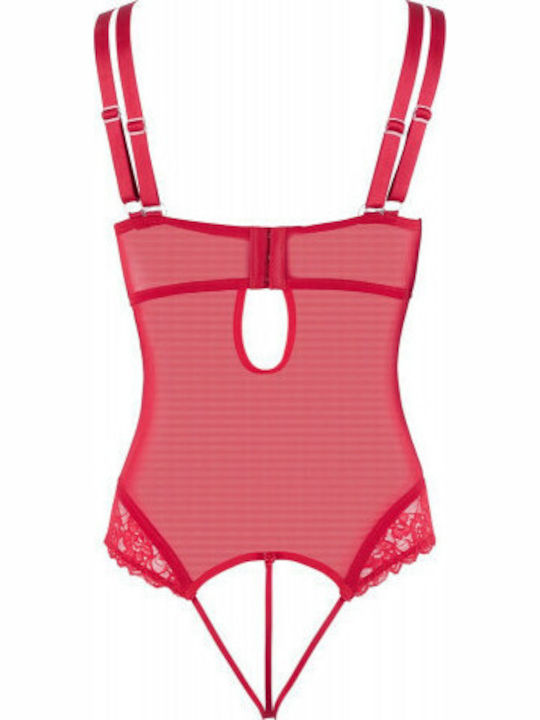Cottelli Collection Translucent Body Sexy Κορμάκι με Δαντέλα & Ζαρτιέρες Red