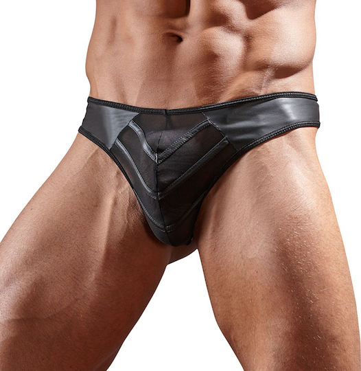 Svenjoyment Underwear Faux Leather G-String with Powernet Inserts Ανδρικό Sexy String Μαύρο