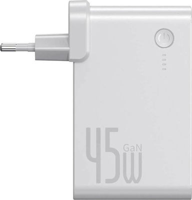 Baseus mit USB-A Anschluss und USB-C Anschluss und Kabel USB-C 45W Schnellaufladung 3.0 / Stromlieferung Weiß (GaN 2 in 1)