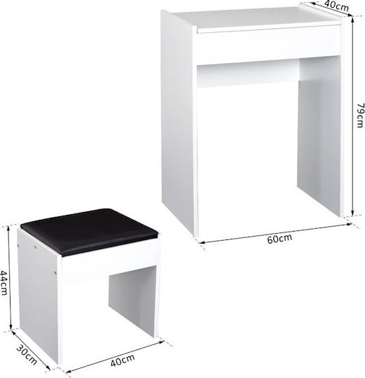 Masută De Toaletă De Podea Din Lemn Albă Cu Oglindă Și Taburet 60x40x79cm