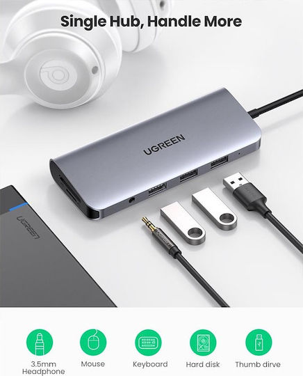 Ugreen CM179 USB-C Docking Station with HDMI 4K PD Ethernet and Support for 2 Monitors Silver
