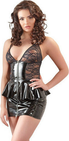 Black Level Seductive Vinyl Dress with Flared Waistline Black