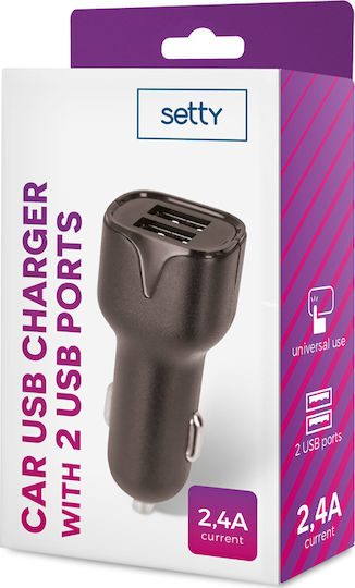 Setty Φορτιστής Αυτοκινήτου 2.4A με Θύρες: 2xUSB Μαύρο Χρώμα