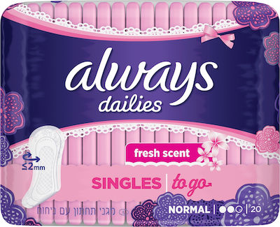 Always Dailies Singles To Go Normal Fresh Scent Σερβιετάκια για Κανονική Ροή 2 Σταγόνες 20τμχ