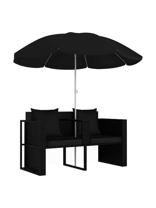 Liegestuhl-Bett Doppel Rattan mit Kissen & Sonnenschirm Schwarz 130x58x77cm.