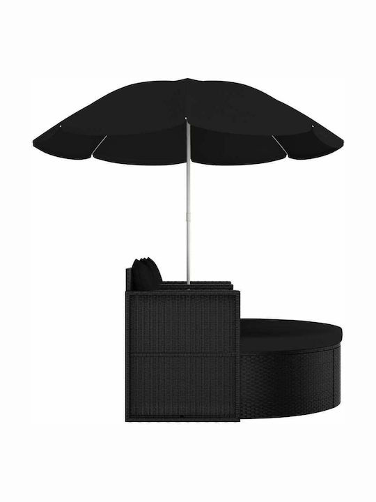 Liegestuhl-Bett Doppel Rattan mit Kissen & Sonnenschirm Schwarz 130x58x77cm.