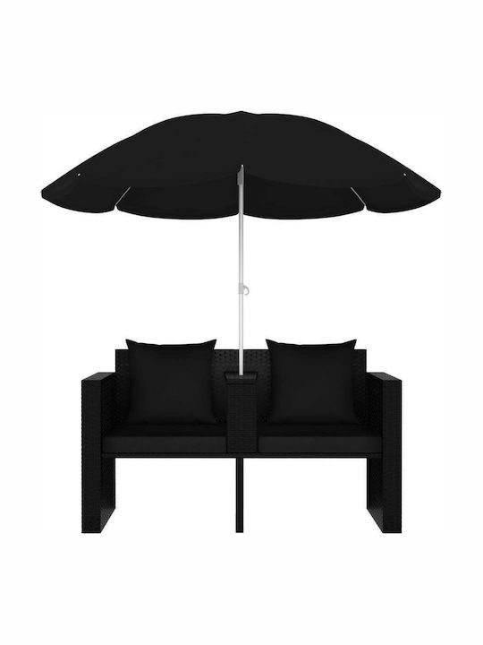 Liegestuhl-Bett Doppel Rattan mit Kissen & Sonnenschirm Schwarz 130x58x77cm.