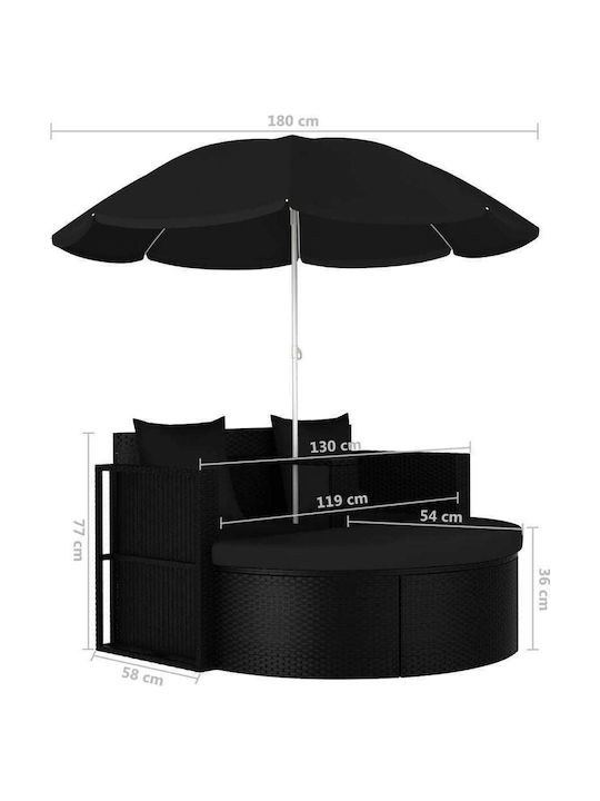 Liegestuhl-Bett Doppel Rattan mit Kissen & Sonnenschirm Schwarz 130x58x77cm.