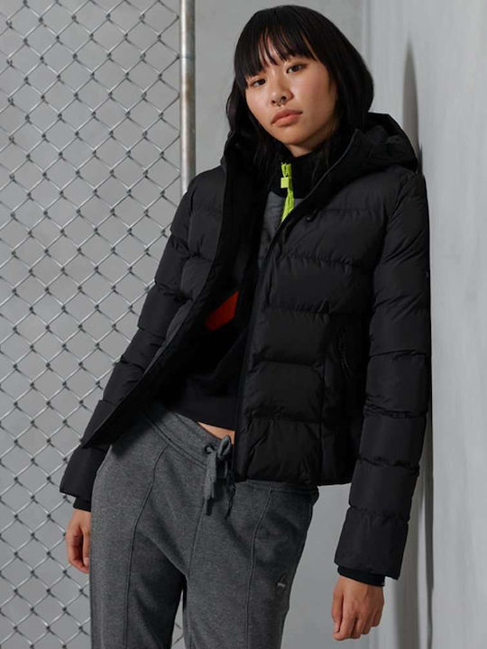 Women's Short Puffer Jacket for Winter with Hood Black