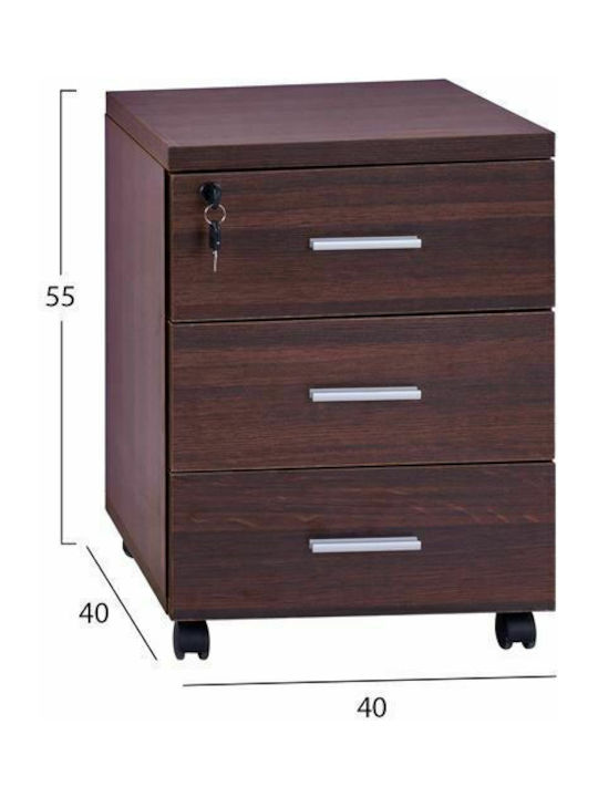 Vance Office Storage Chipboard Drawer with Wheels, Lock & 3 Drawers Wenge L40xW40xH55cm