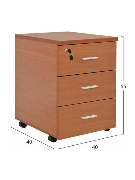 Office Storage Chipboard Drawer with Wheels, Lock & 3 Drawers Κερασί L40xW40xH55cm