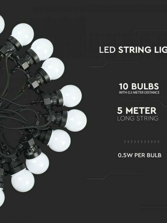 V-TAC Στεγανή Γιρλάντα Φωτισμού LED IP44 5m με 10 Λάμπες Θερμό Λευκό