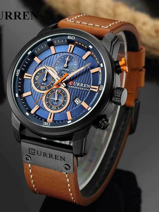 Curren Men's Watch 45mm Chronograph Battery with Leather Strap Brown / Blue