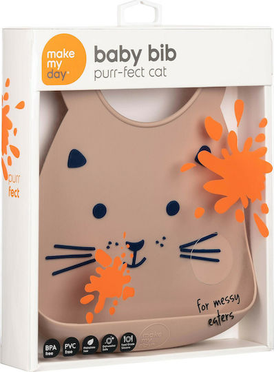 Make my Day Cat Waterproof Bib Silicone with Button & Pocket Brown for 6 m+